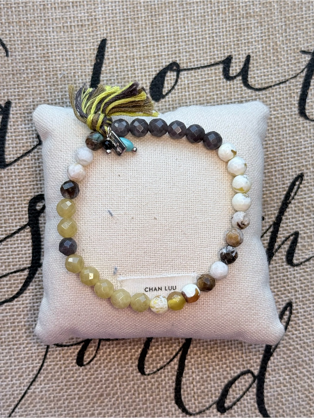 Chan Luu Yellow, Brown and White Gemstone Beaded Stretch Bracelet with Tassel